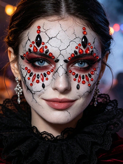 2 Sheets Black And Red Face Gem Stickers- Skull, Gothic, Punk Design, Face Gems Suitable For Mexican Day Of The Dead, Carnival, Halloween, Music Festivals
