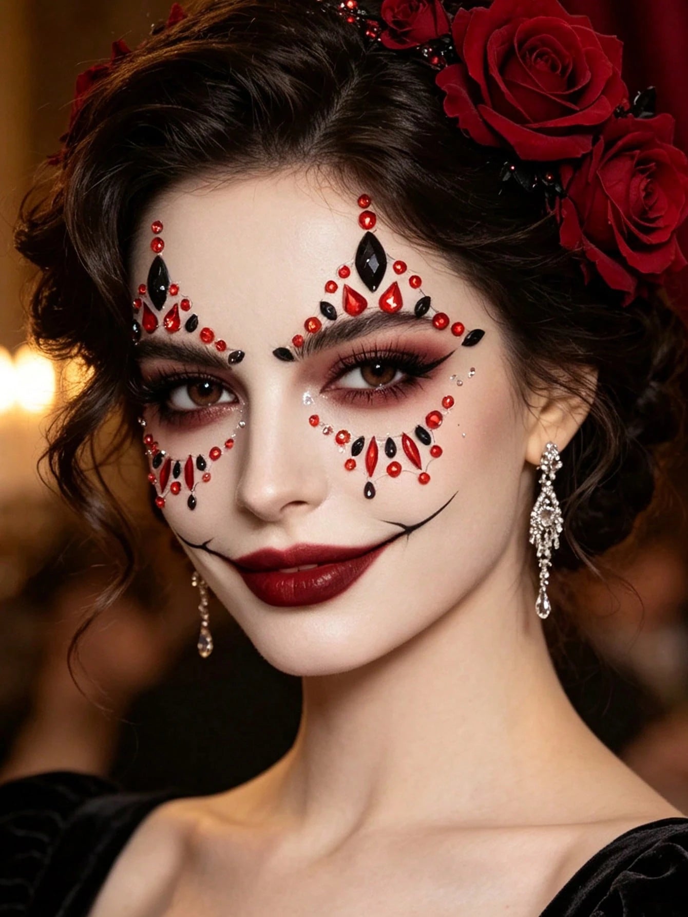 2 Sheets Black And Red Face Gem Stickers- Skull, Gothic, Punk Design, Face Gems Suitable For Mexican Day Of The Dead, Carnival, Halloween, Music Festivals