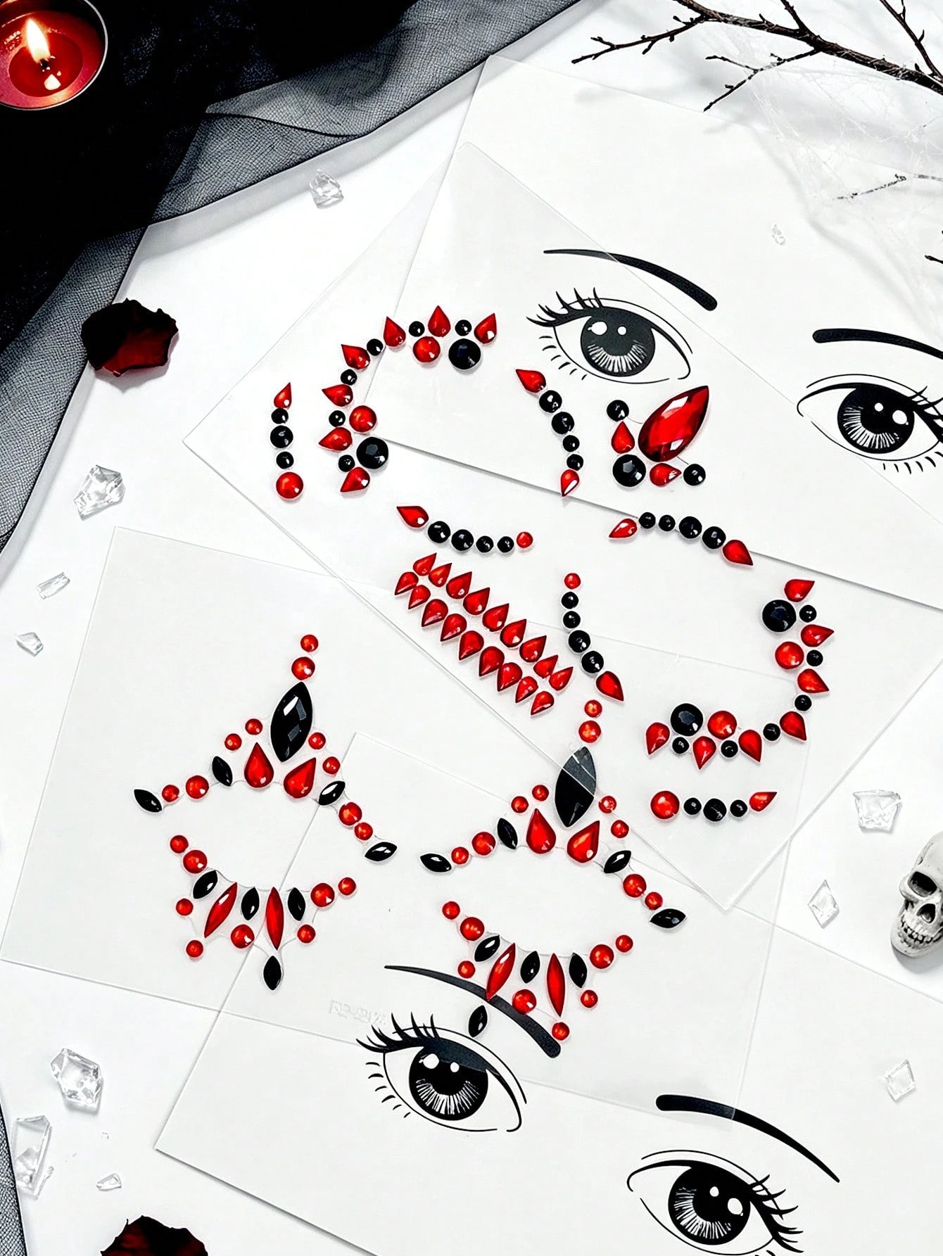 2 Sheets Black And Red Face Gem Stickers- Skull, Gothic, Punk Design, Face Gems Suitable For Mexican Day Of The Dead, Carnival, Halloween, Music Festivals
