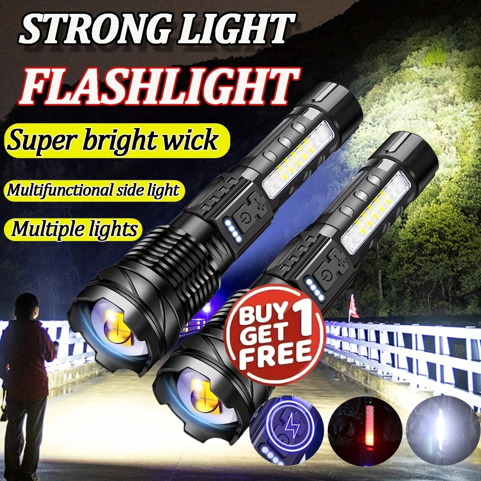 2 Ultra Bright Rechargeable Zoom Flashlights- Emergency Power Outages, Outdoor Camping, Hurricanes(800mAh)