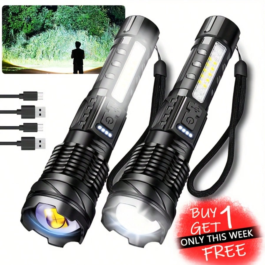 2 Ultra Bright Rechargeable Zoom Flashlights- Emergency Power Outages, Outdoor Camping, Hurricanes(800mAh)