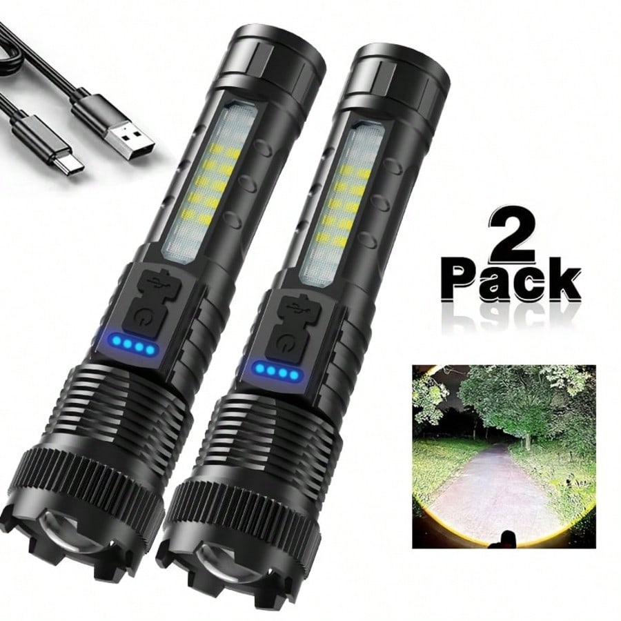 2 Ultra Bright Rechargeable Zoom Flashlights- Emergency Power Outages, Outdoor Camping, Hurricanes(800mAh)