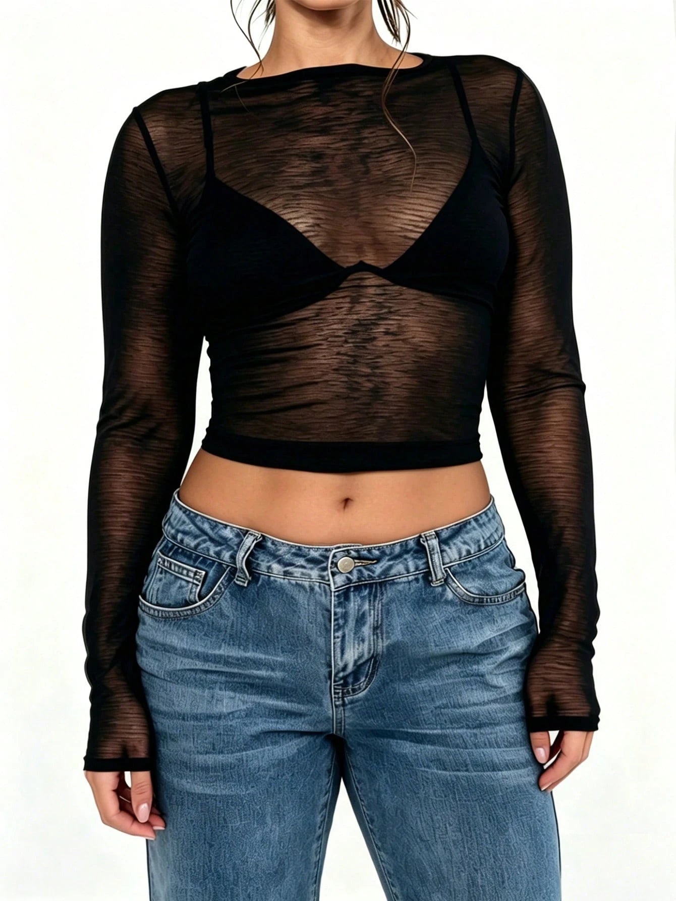 2000s Style Plus Size Women's Sheer Long Sleeve Round Neck Fitted Sexy Top Black Vacation Style Summer
