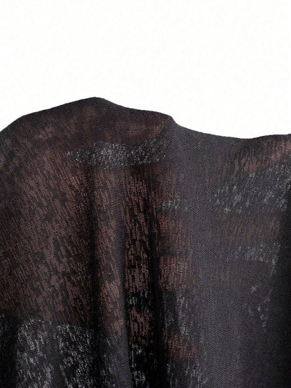 2000s Style Plus Size Women's Sheer Long Sleeve Round Neck Fitted Sexy Top Black Vacation Style Summer