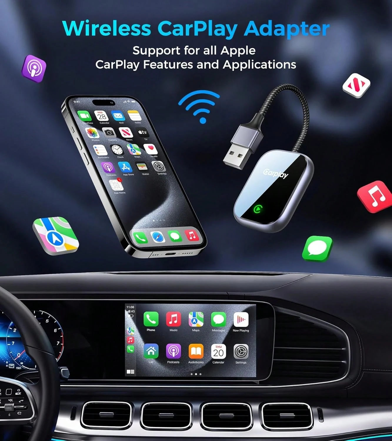2025 Upgraded Wireless CarPlay Adapter For Apple, Converts Wired To Wireless Car Play Adapter, Auto Connect, Mini Size, Compatible With Cars From 2016 & IOS 10+