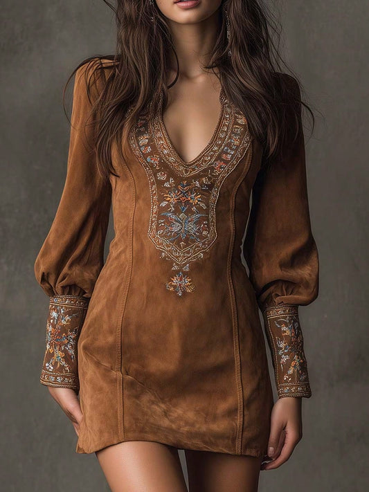 2026 European And American Women's Fashion V-Neck Embroidered Mini Bodycon Dress