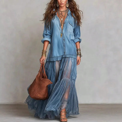2026 Hot Vintage Collar Faux Denim Maxi Dress With Pockets Casual Women Dress