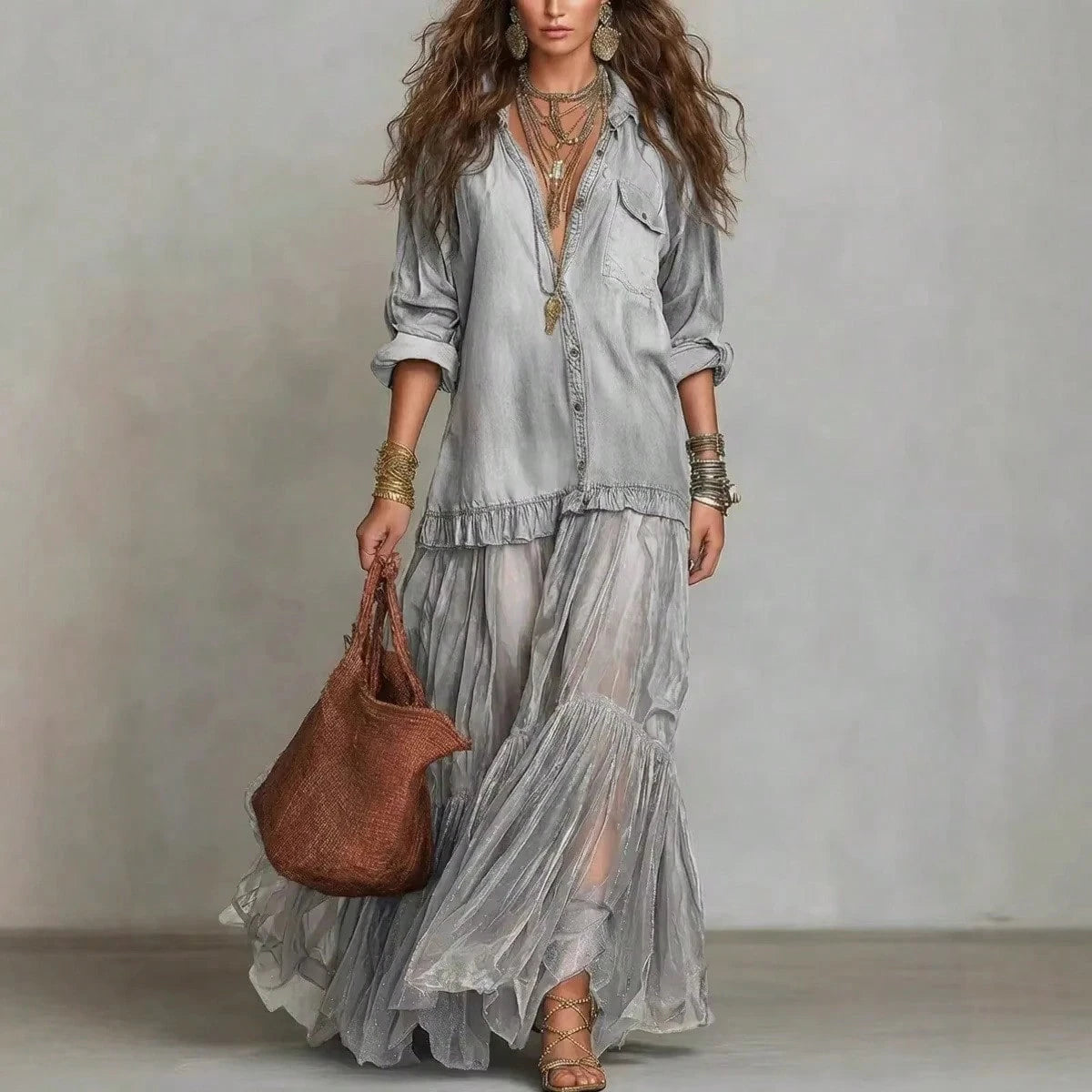 2026 Hot Vintage Collar Faux Denim Maxi Dress With Pockets Casual Women Dress