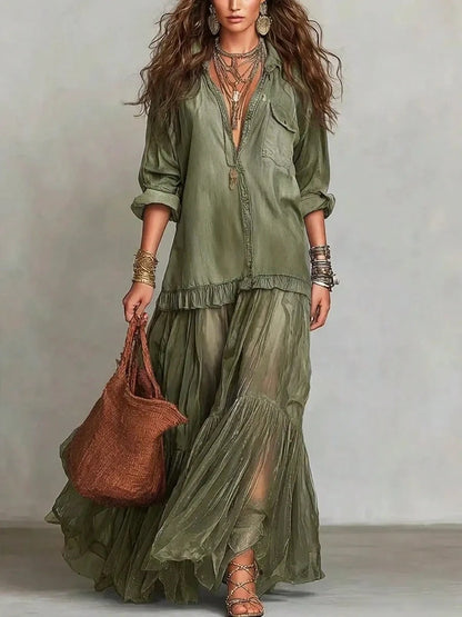 2026 Hot Vintage Collar Faux Denim Maxi Dress With Pockets Casual Women Dress