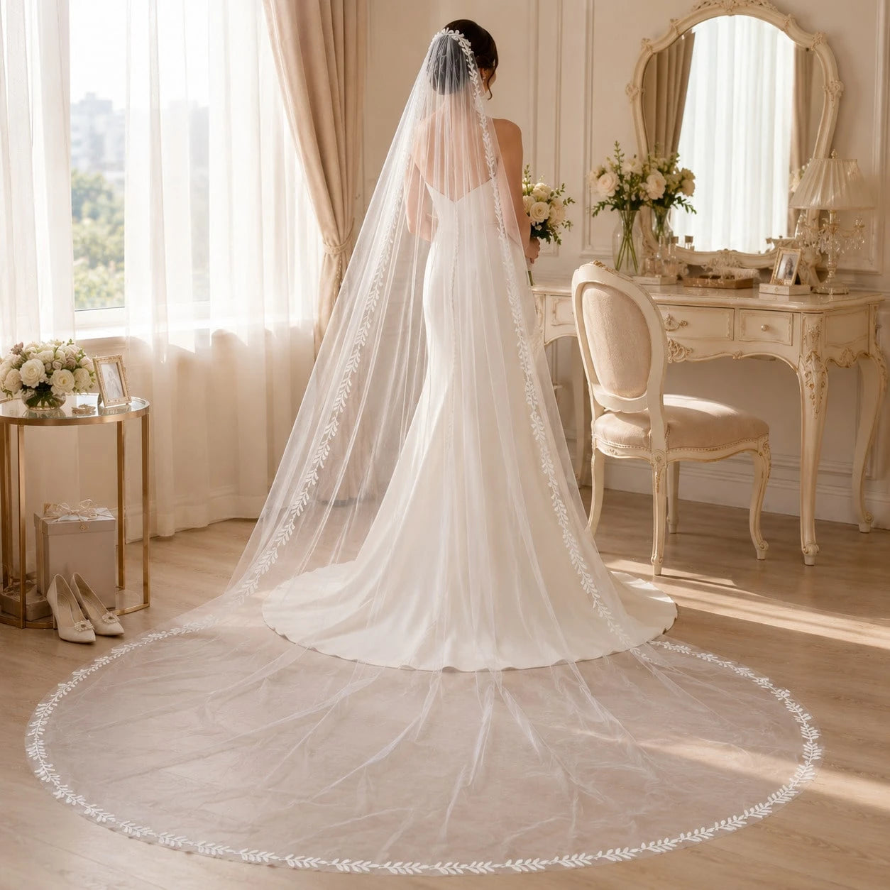 2026 Long Lace Veil, 1 Piece With 3-Meter Eyelash Lace Train, Built-In Metal Hair Comb, Suitable For Church And Cathedral Weddings, Bohemian Style.