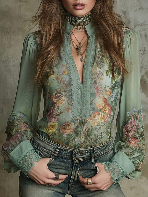 2026 New Floral V-Neck Hollow Lace Patchwork Bohemian Blouse, Vintage Botanical Watercolor Rose Print, Boho Chic 90s Retro Romantic Style, Suitable For Spring/Summer, Music Festival, Party, Vacation