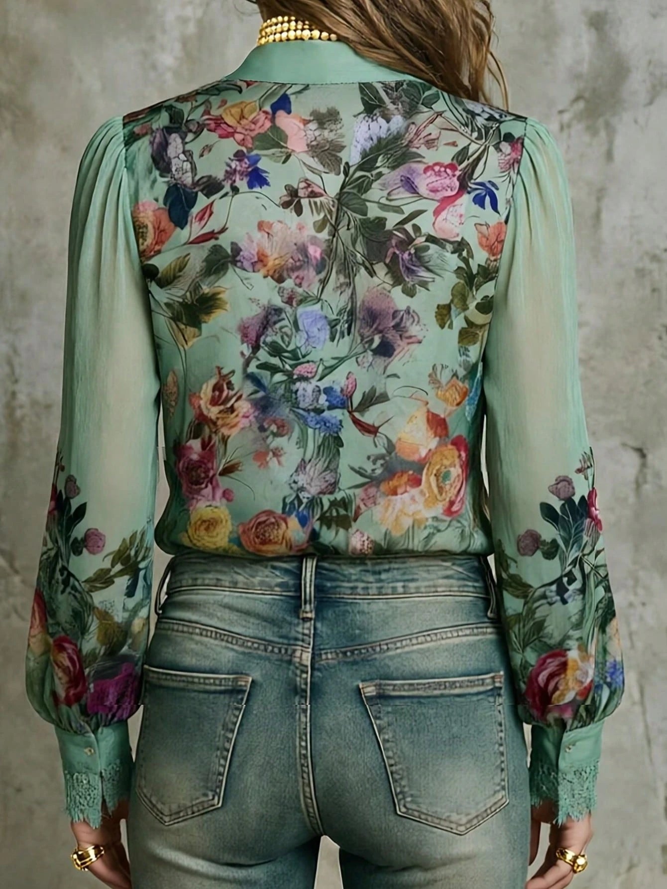 2026 New Floral V-Neck Hollow Lace Patchwork Bohemian Blouse, Vintage Botanical Watercolor Rose Print, Boho Chic 90s Retro Romantic Style, Suitable For Spring/Summer, Music Festival, Party, Vacation