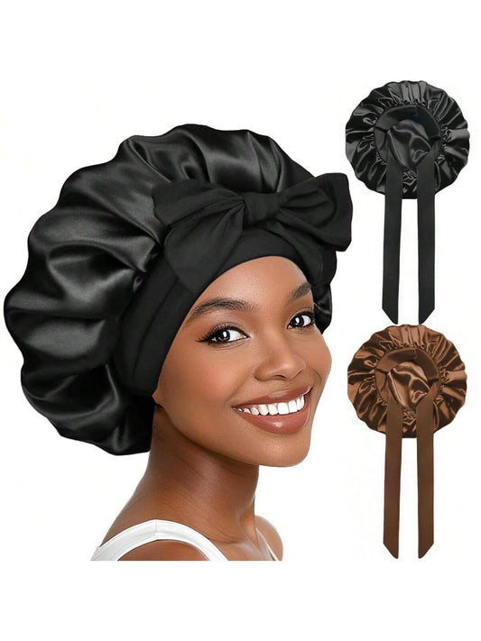 2026 New Sleeping Bonnet 2PC Double Layer Satin Bonnet With Tie Band For Sleeping Satin Lined Silk Skin Friendly Bonnet For Sleeping Hair Bonnets For Women Natural Curly Hair