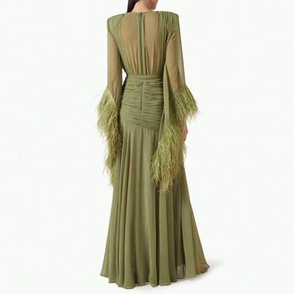 2026 Spring Elegant Solid Color Evening Dress Long Sleeve Slim Fit Dress
