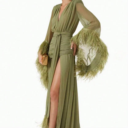 2026 Spring Elegant Solid Color Evening Dress Long Sleeve Slim Fit Dress