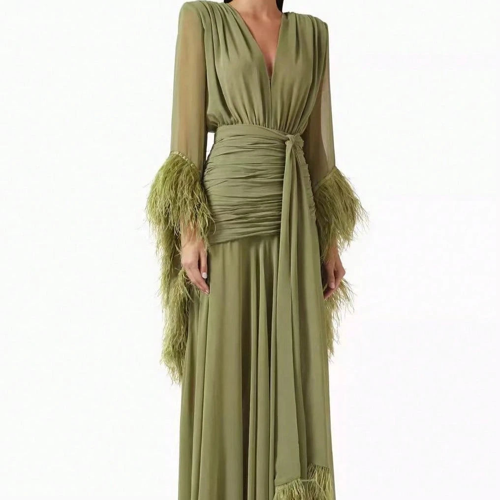 2026 Spring Elegant Solid Color Evening Dress Long Sleeve Slim Fit Dress