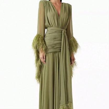 2026 Spring Elegant Solid Color Evening Dress Long Sleeve Slim Fit Dress