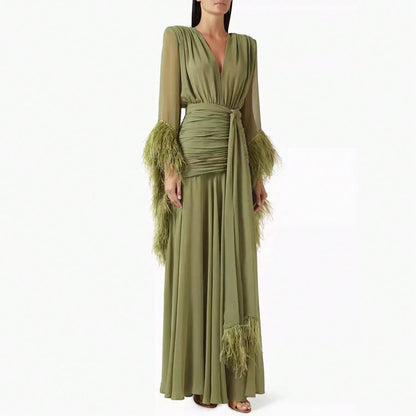 2026 Spring Elegant Solid Color Evening Dress Long Sleeve Slim Fit Dress