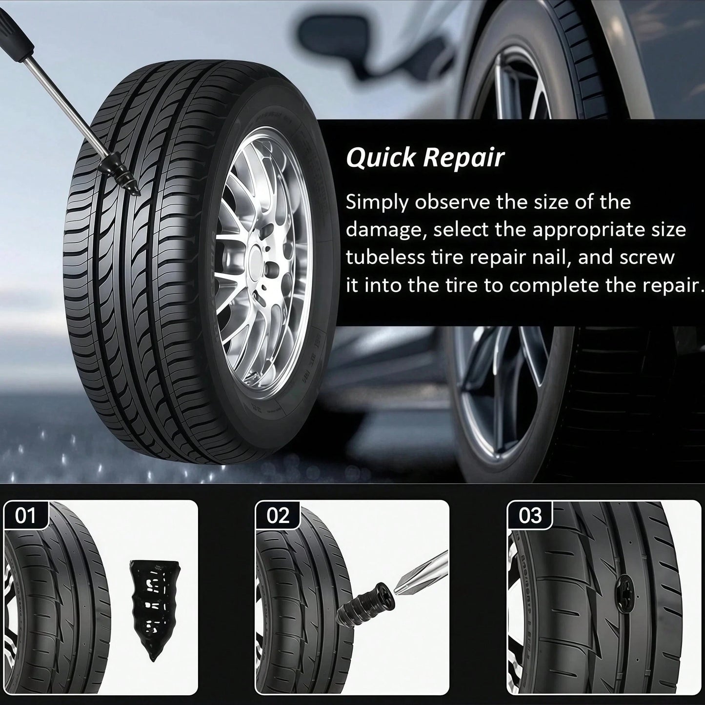 20pcs Tire Repair Kit, Dual Sizes (10 Large, 10 Small, Screwdriver Included). New Tubeless Tire Repair Kit. Suitable For Cars, Motorcycles, Trucks, And Bicycles. Quick And Easy Self-Service Tire Repai