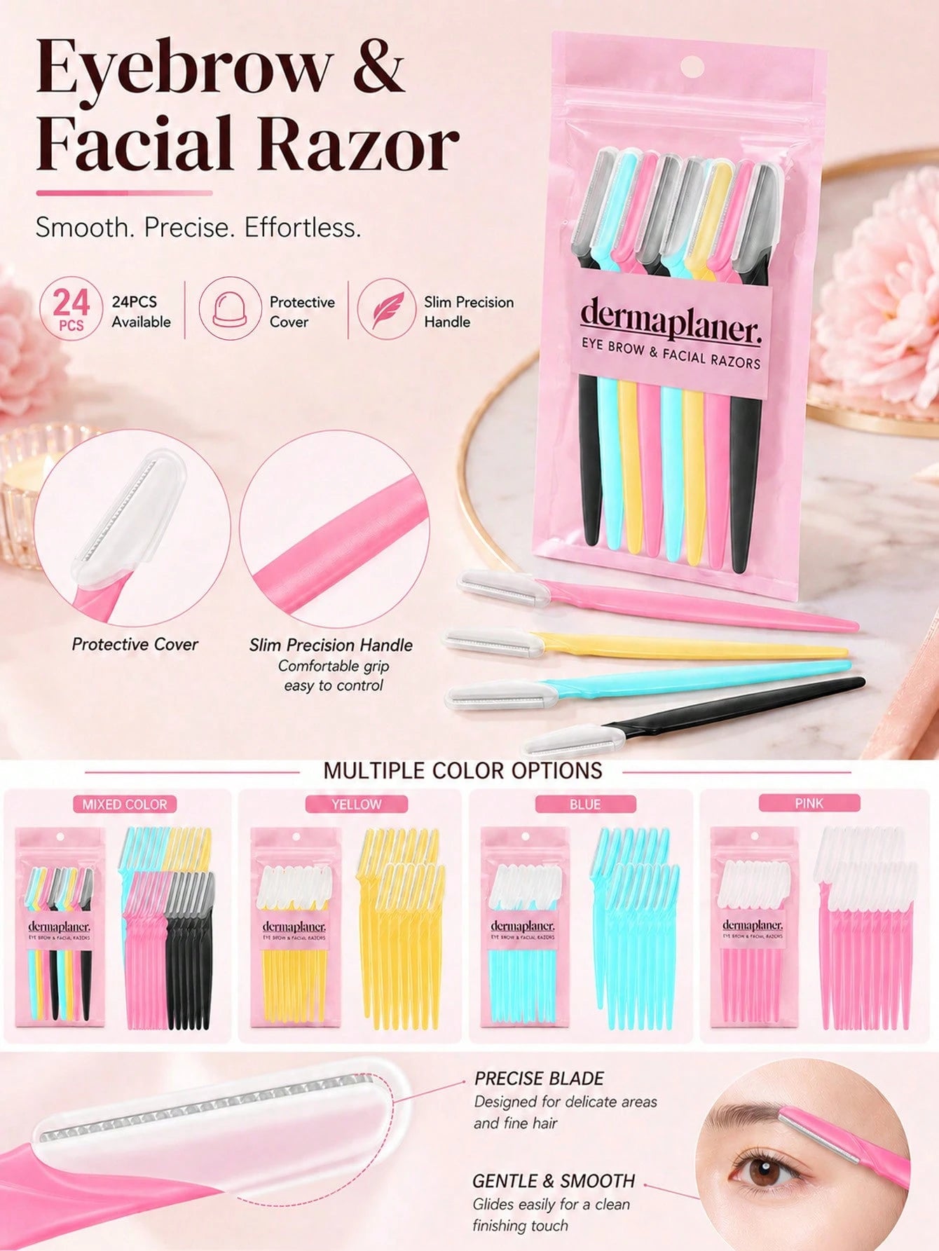 24pcs/12pcs/6pcs/1pc/Set Hair Trimmer, Designed For Men And Women, And Face Razor, Face Razors For Women Exfoliating Skin Removal Tool, With Long Handle Design, Equipped With Dust Cover, Reusable And