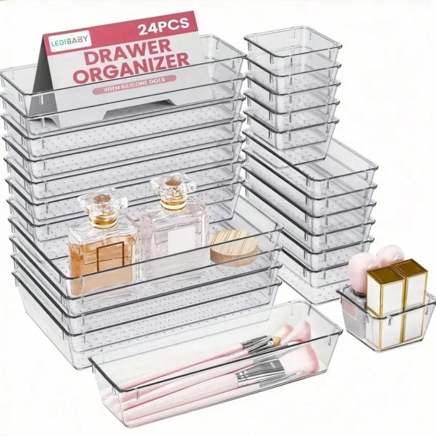 24pcs Clear Plastic Organizer, Acrylic Organizers For Desk, Kitchen Drawer Organizer And Cosmetics Containers, Make Up Organizers For Vanity, Junk Drawer, Vanity Organizer And Brush Holder, Desk & Dra