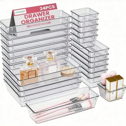 24pcs Clear Plastic Organizer, Acrylic Organizers For Desk, Kitchen Drawer Organizer And Cosmetics Containers, Make Up Organizers For Vanity, Junk Drawer, Vanity Organizer And Brush Holder, Desk & Dra
