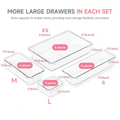 24pcs Clear Plastic Organizer, Acrylic Organizers For Desk, Kitchen Drawer Organizer And Cosmetics Containers, Make Up Organizers For Vanity, Junk Drawer, Vanity Organizer And Brush Holder, Desk & Dra