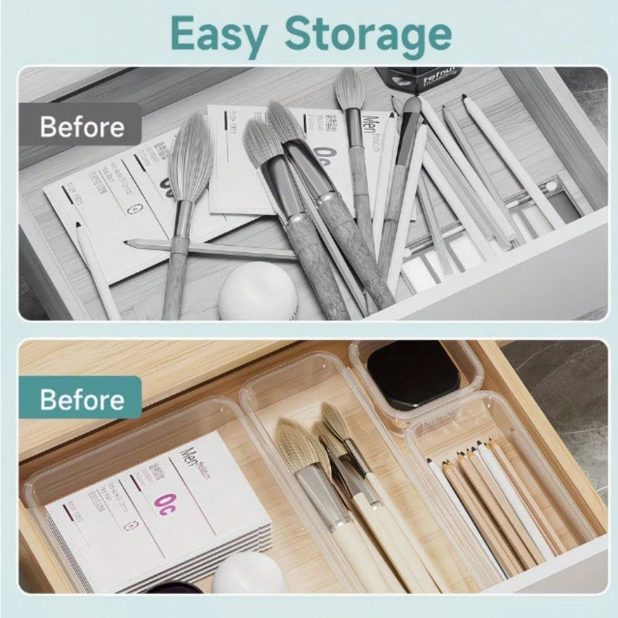 24pcs Clear Plastic Organizer, Acrylic Organizers For Desk, Kitchen Drawer Organizer And Cosmetics Containers, Make Up Organizers For Vanity, Junk Drawer, Vanity Organizer And Brush Holder, Desk & Dra