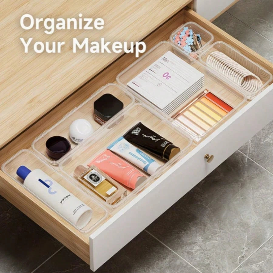 24pcs Clear Plastic Organizer, Acrylic Organizers For Desk, Kitchen Drawer Organizer And Cosmetics Containers, Make Up Organizers For Vanity, Junk Drawer, Vanity Organizer And Brush Holder, Desk & Dra