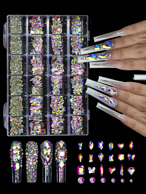 24pcs Nail Rhinestone Decoration Set With Tweezers, Includes Diamond Shaped, Bow, Star, Heart And Other Shapes In Multiple Colors, DIY Y2K Style Nail Art Supplies For Daily And Travel Use Nails Nail C