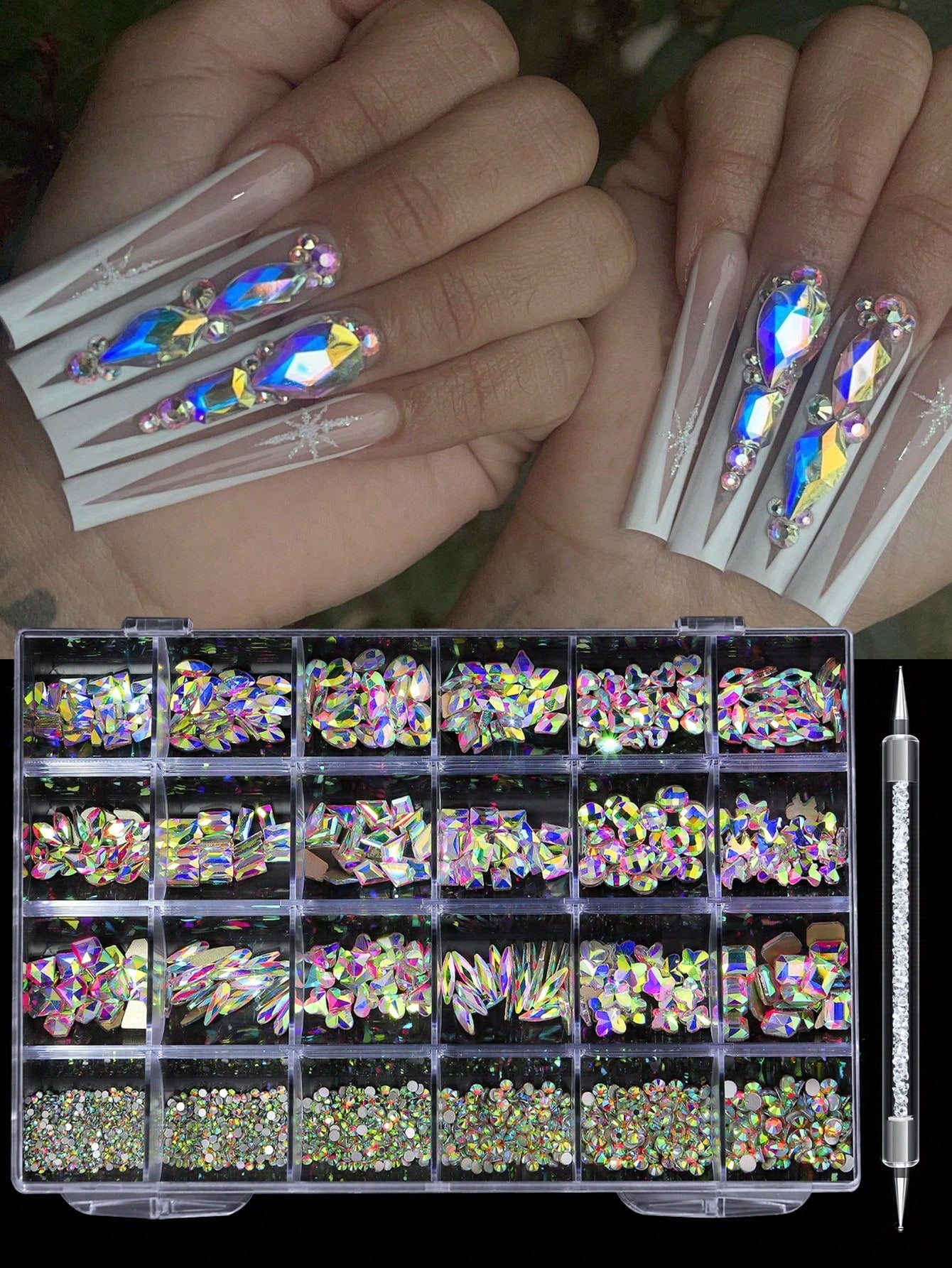 24pcs Nail Rhinestone Decoration Set With Tweezers, Includes Diamond Shaped, Bow, Star, Heart And Other Shapes In Multiple Colors, DIY Y2K Style Nail Art Supplies For Daily And Travel Use Nails Nail C