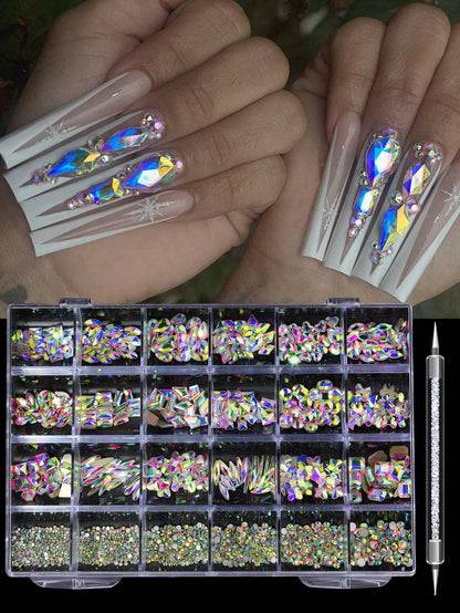 24pcs Nail Rhinestone Decoration Set With Tweezers, Includes Diamond Shaped, Bow, Star, Heart And Other Shapes In Multiple Colors, DIY Y2K Style Nail Art Supplies For Daily And Travel Use Nails Nail C
