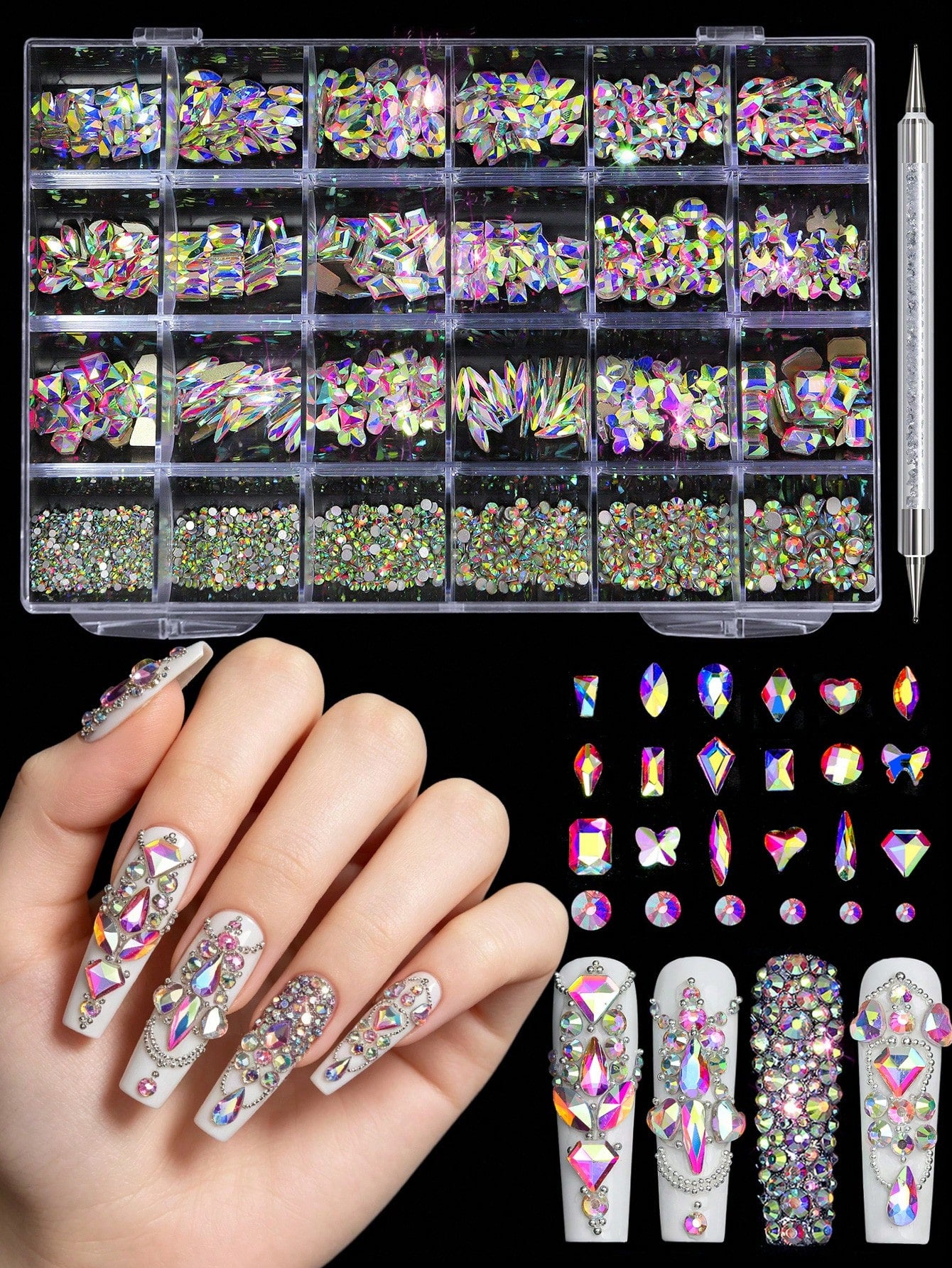 24pcs Nail Rhinestone Decoration Set With Tweezers, Includes Diamond Shaped, Bow, Star, Heart And Other Shapes In Multiple Colors, DIY Y2K Style Nail Art Supplies For Daily And Travel Use Nails Nail C