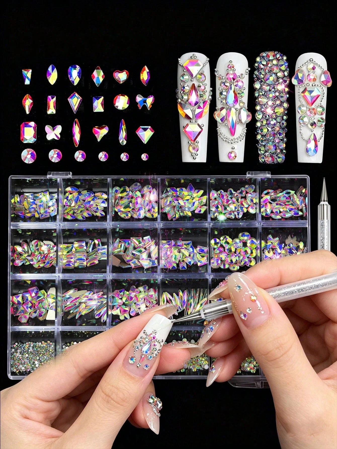 24pcs Nail Rhinestone Decoration Set With Tweezers, Includes Diamond Shaped, Bow, Star, Heart And Other Shapes In Multiple Colors, DIY Y2K Style Nail Art Supplies For Daily And Travel Use Nails Nail C