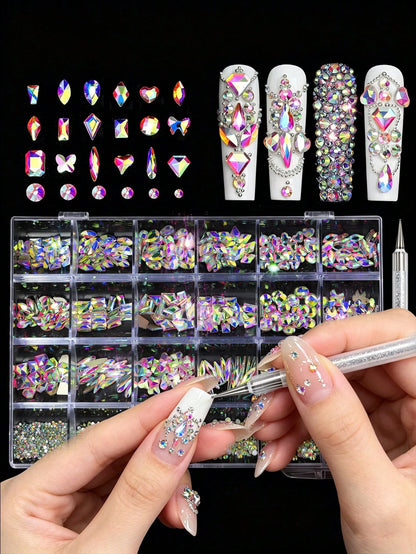 24pcs Nail Rhinestone Decoration Set With Tweezers, Includes Diamond Shaped, Bow, Star, Heart And Other Shapes In Multiple Colors, DIY Y2K Style Nail Art Supplies For Daily And Travel Use Nails Nail C