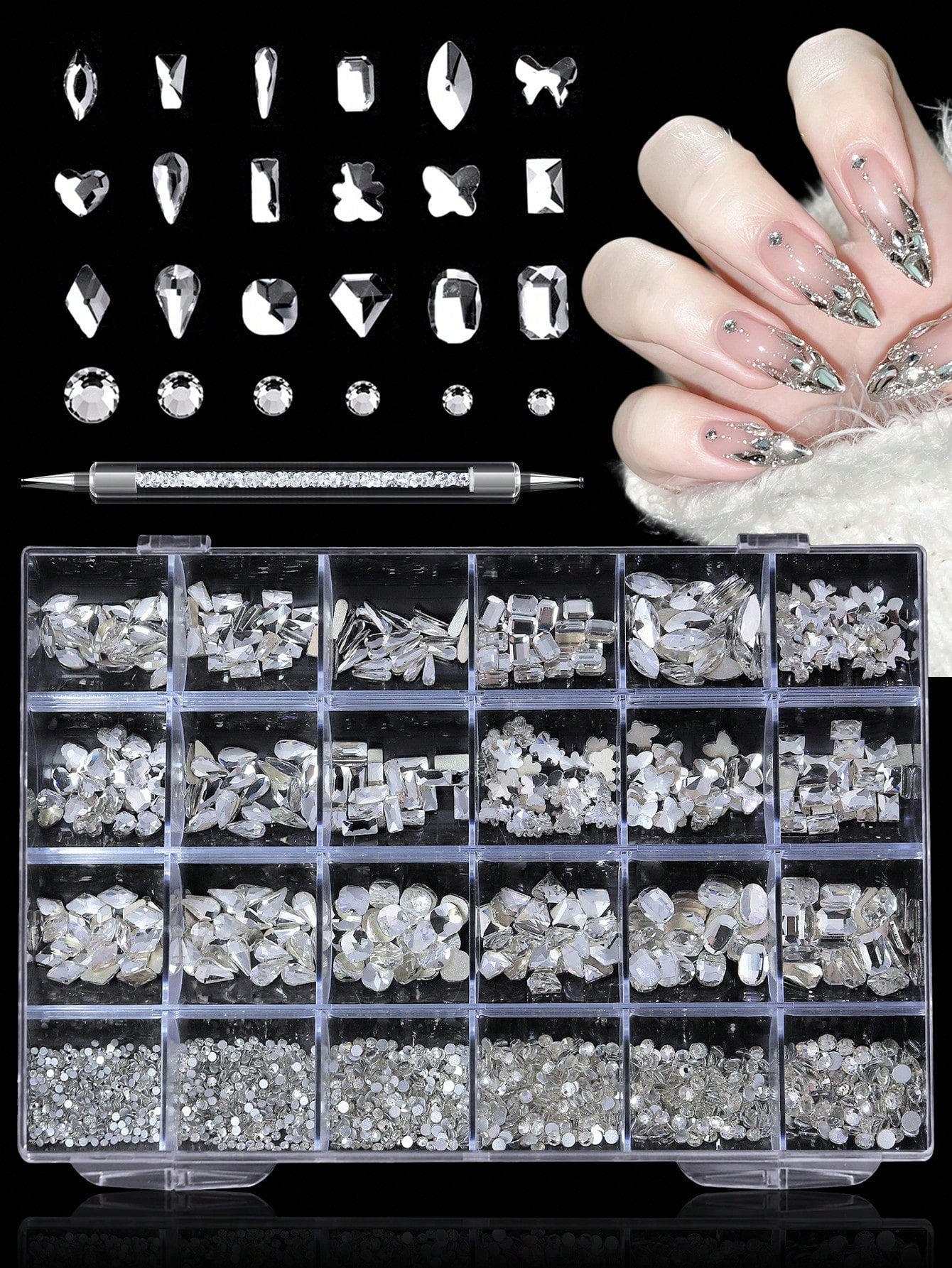 24pcs Nail Rhinestone Decoration Set With Tweezers, Includes Diamond Shaped, Bow, Star, Heart And Other Shapes In Multiple Colors, DIY Y2K Style Nail Art Supplies For Daily And Travel Use Nails Nail C