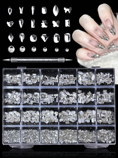 24pcs Nail Rhinestone Decoration Set With Tweezers, Includes Diamond Shaped, Bow, Star, Heart And Other Shapes In Multiple Colors, DIY Y2K Style Nail Art Supplies For Daily And Travel Use Nails Nail C