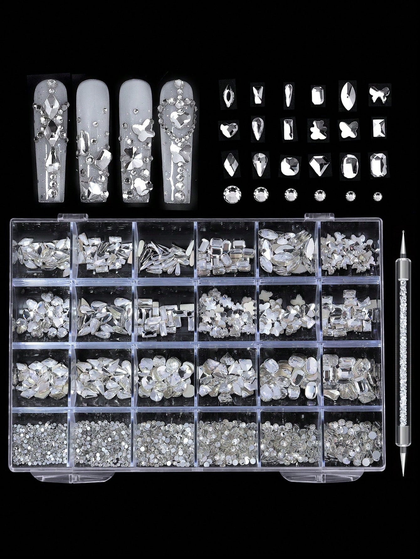 24pcs Nail Rhinestone Decoration Set With Tweezers, Includes Diamond Shaped, Bow, Star, Heart And Other Shapes In Multiple Colors, DIY Y2K Style Nail Art Supplies For Daily And Travel Use Nails Nail C