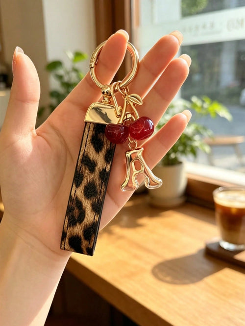 26 Letters To Choose From, Keychain Pendant, Creative Cherry Pendant, Leopard Print Pattern Key Strap, Car Keychain Pendant, Bag Decoration Pendant, Personalized Fashionable Key Matching. Key Accessor