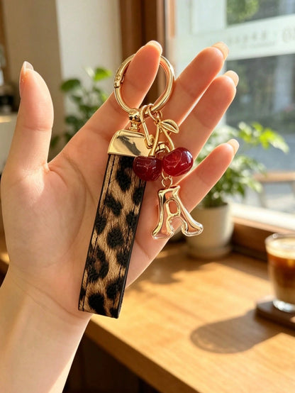 26 Letters To Choose From, Keychain Pendant, Creative Cherry Pendant, Leopard Print Pattern Key Strap, Car Keychain Pendant, Bag Decoration Pendant, Personalized Fashionable Key Matching. Key Accessor