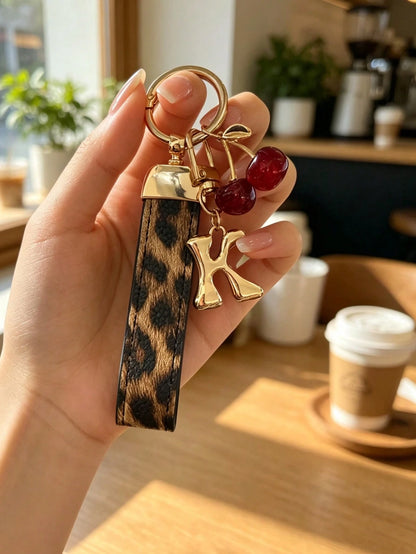 26 Letters To Choose From, Keychain Pendant, Creative Cherry Pendant, Leopard Print Pattern Key Strap, Car Keychain Pendant, Bag Decoration Pendant, Personalized Fashionable Key Matching. Key Accessor