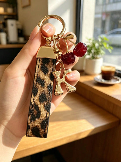 26 Letters To Choose From, Keychain Pendant, Creative Cherry Pendant, Leopard Print Pattern Key Strap, Car Keychain Pendant, Bag Decoration Pendant, Personalized Fashionable Key Matching. Key Accessor