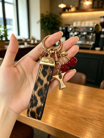 26 Letters To Choose From, Keychain Pendant, Creative Cherry Pendant, Leopard Print Pattern Key Strap, Car Keychain Pendant, Bag Decoration Pendant, Personalized Fashionable Key Matching. Key Accessor