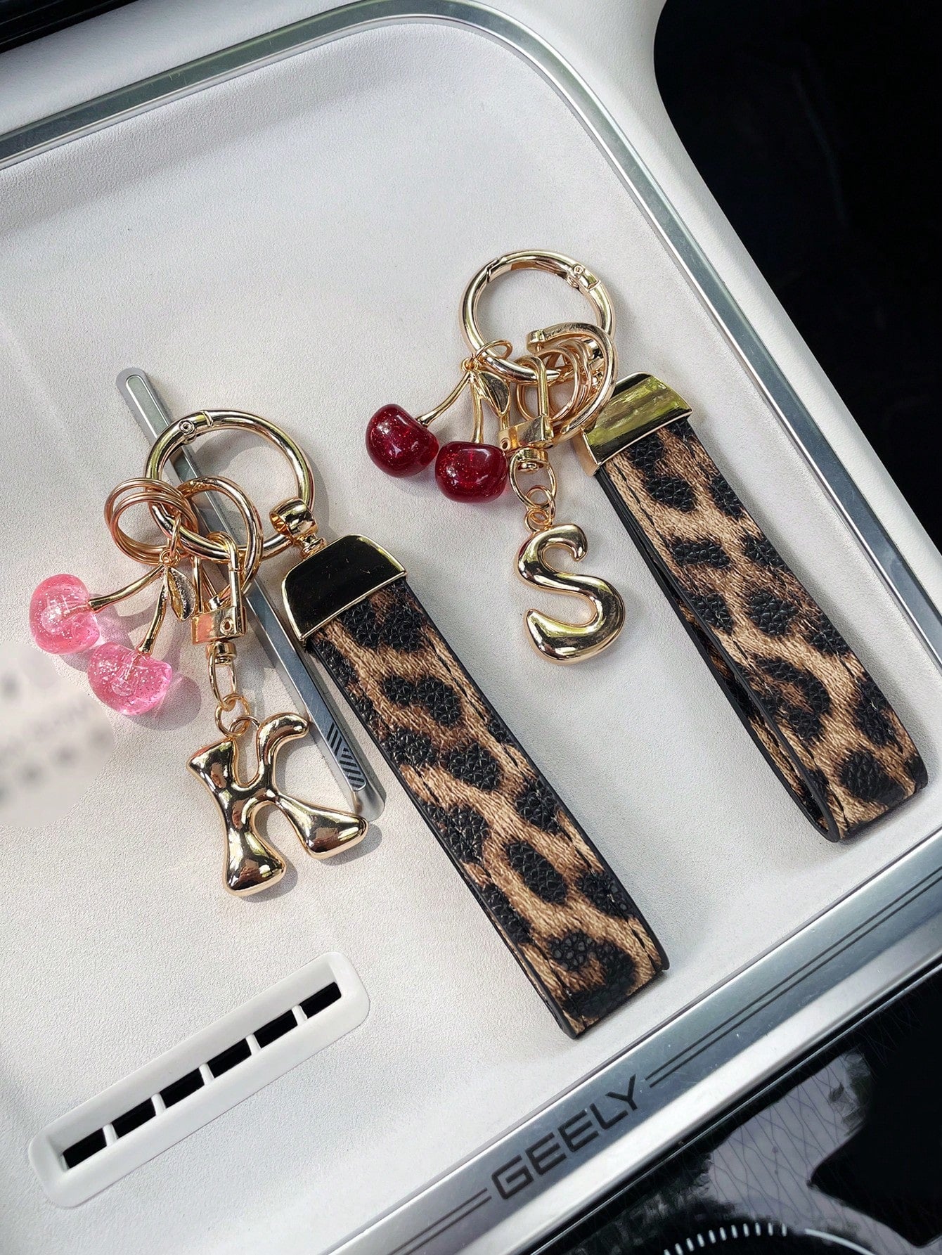 26 Letters To Choose From, Keychain Pendant, Creative Cherry Pendant, Leopard Print Pattern Key Strap, Car Keychain Pendant, Bag Decoration Pendant, Personalized Fashionable Key Matching. Key Accessor