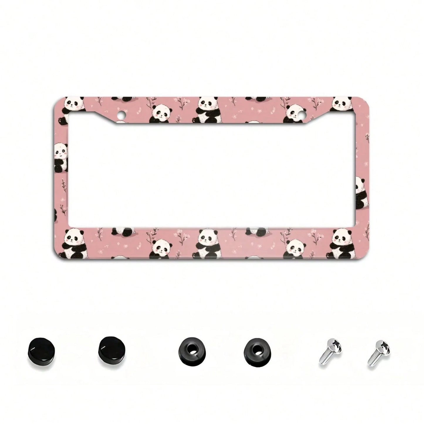 2D Cute Pink Cartoon Panda Floral Pattern License Plate Frame 12x6inch Aluminum, Compatible With US Standard License Plates, Suitable For Cars, SUVs, Pickups, Trucks, And Sports Cars, Personalized Dec