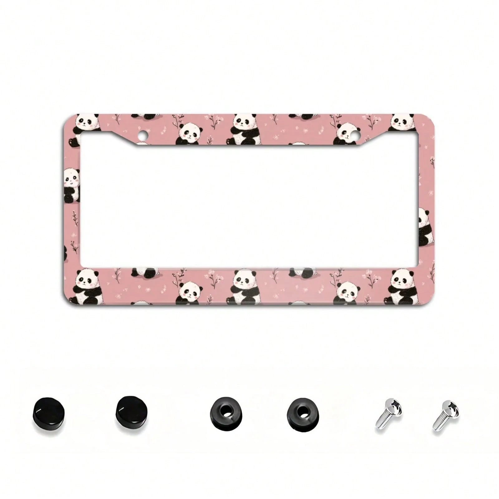 2D Cute Pink Cartoon Panda Floral Pattern License Plate Frame 12x6inch Aluminum, Compatible With US Standard License Plates, Suitable For Cars, SUVs, Pickups, Trucks, And Sports Cars, Personalized Dec
