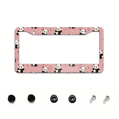 2D Cute Pink Cartoon Panda Floral Pattern License Plate Frame 12x6inch Aluminum, Compatible With US Standard License Plates, Suitable For Cars, SUVs, Pickups, Trucks, And Sports Cars, Personalized Dec