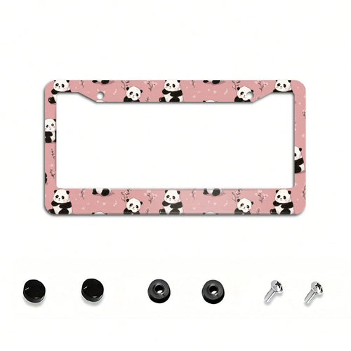 2D Cute Pink Cartoon Panda Floral Pattern License Plate Frame 12x6inch Aluminum, Compatible With US Standard License Plates, Suitable For Cars, SUVs, Pickups, Trucks, And Sports Cars, Personalized Dec