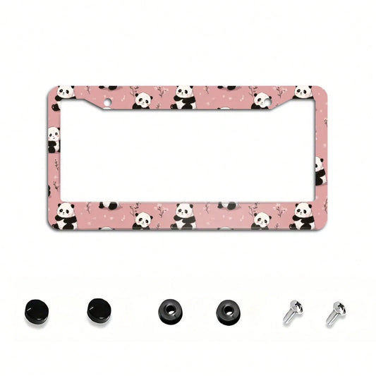 2D Cute Pink Cartoon Panda Floral Pattern License Plate Frame 12x6inch Aluminum, Compatible With US Standard License Plates, Suitable For Cars, SUVs, Pickups, Trucks, And Sports Cars, Personalized Dec