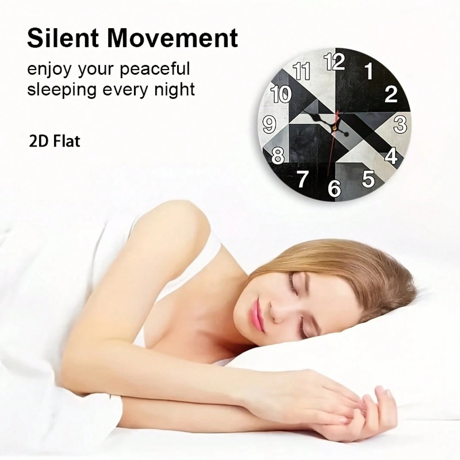 2D Flat Single-Piece Black, White, And Gray Geometric Patchwork Wall Clock 12inch Silent And Non-Ticking, Very Suitable For Kitchens, Classrooms